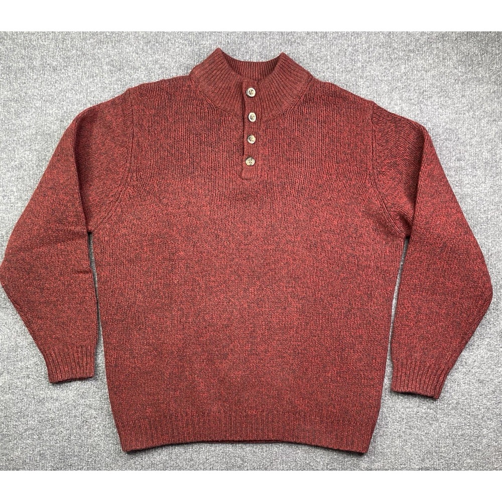 L.L. Bean Sweater Men XL‎ Red 100% Lambswool Mock Neck Button Henley Pullover